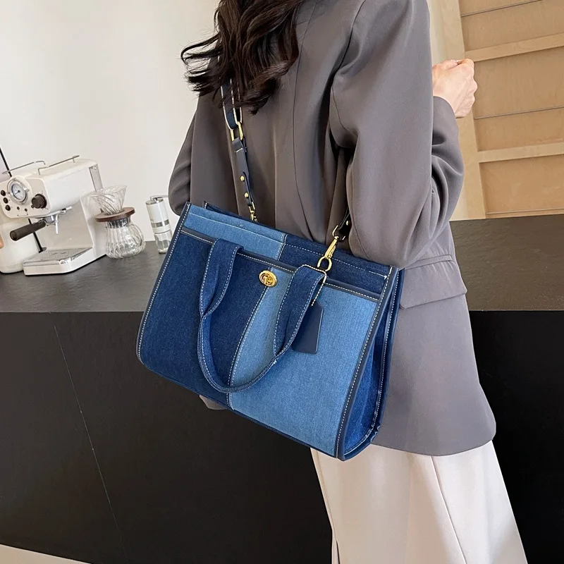 1pcs Denim Color Block Women Handbag Denim Neat Inner Layers For Short Travel Grocery Shopping Wipe Clean Daily Tote Bag