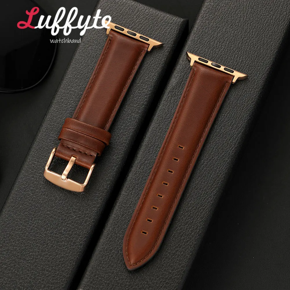 Women Genuine Leather Watch Band For Apple Watch 1-11 Ultra SE For iwatch 38mm-49mm Retro Wristband with Rose Golden Buckle