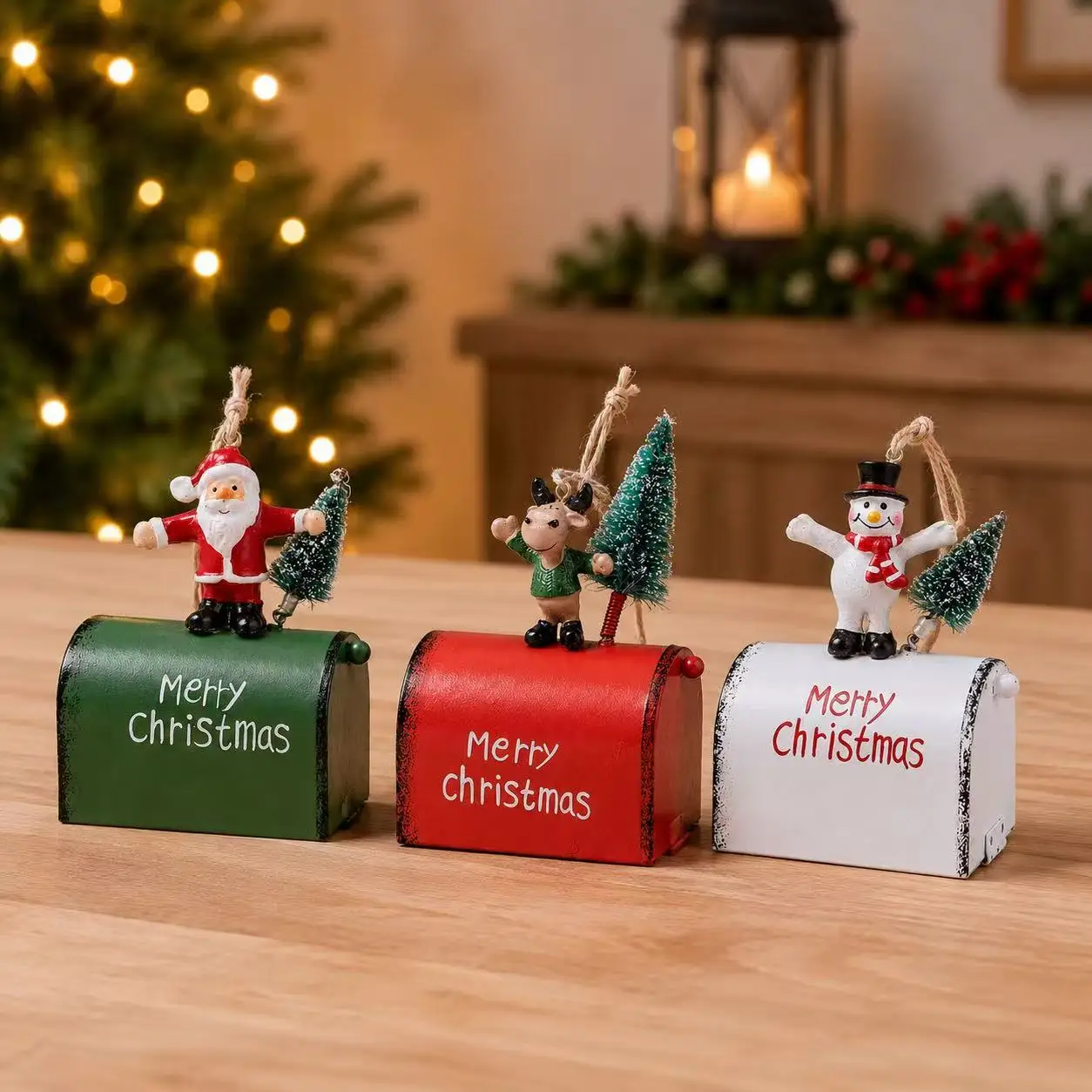 3-Piece Set of Christmas Merry Christmas Metal Mailbox Ornaments, Can Be Hung or Placed, Featuring Santa Claus, Snowman, Reindeer, Mini Mailbox, Christmas Tree Decorations, Rustic Christmas Gifts, Christmas Decorations, Home Window Party Decorations, Small Hanging Ornaments, Holiday Gifts