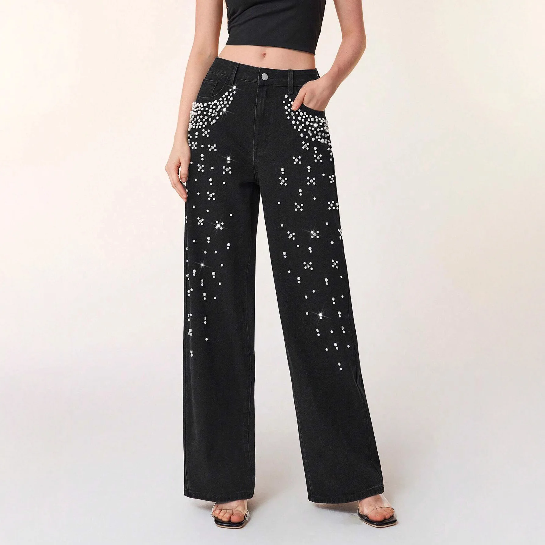 Jeans Women Pearls Spliced Denim Pants Solid Casual Streetwear Pockets Button Trousers Elegant Skinny Straight Basis Autumn