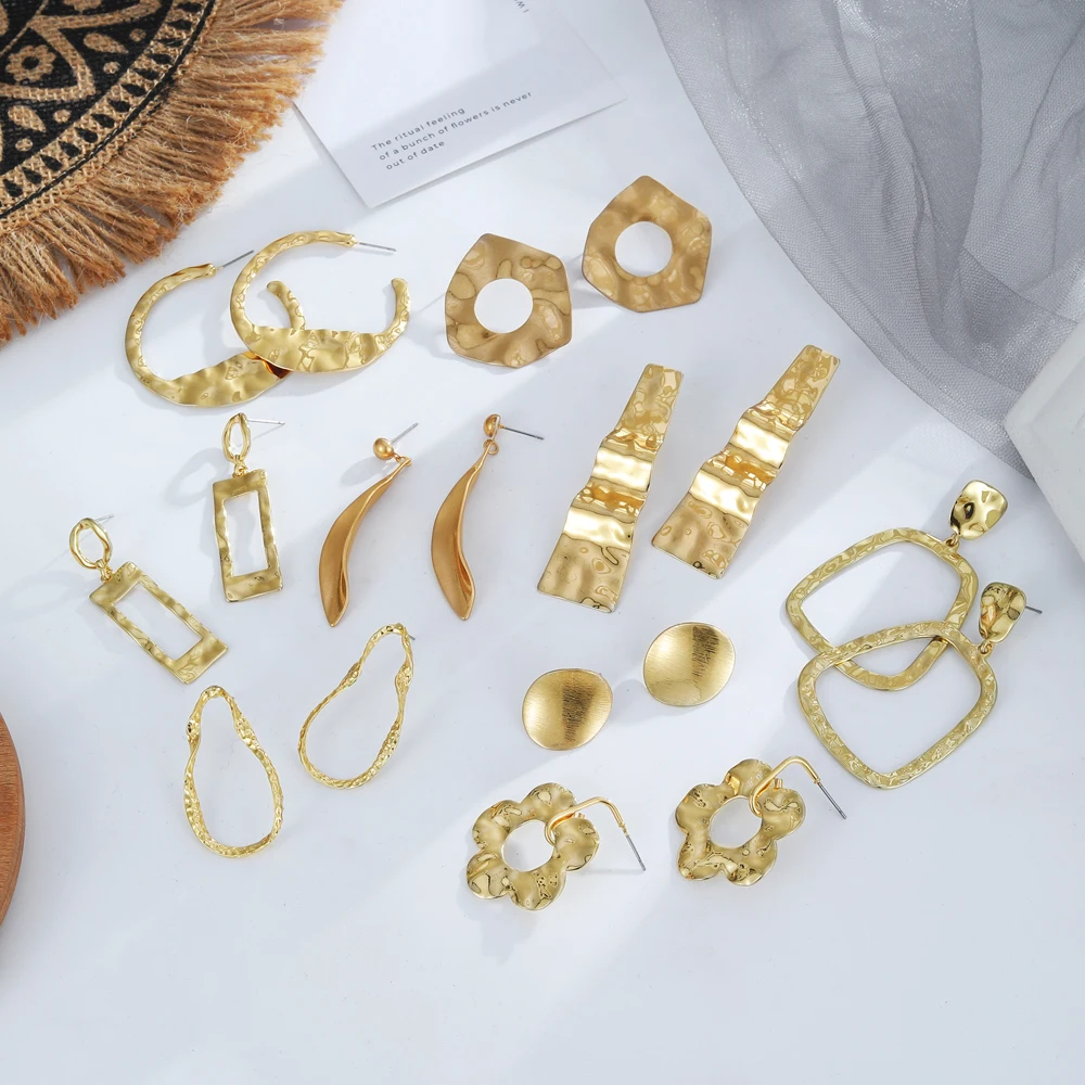 IPARAM Vintage Irregular Texture by Tapping Metal Earrings for Women Flower Geometry Gold Color Retro Earring Fashion Jewelry