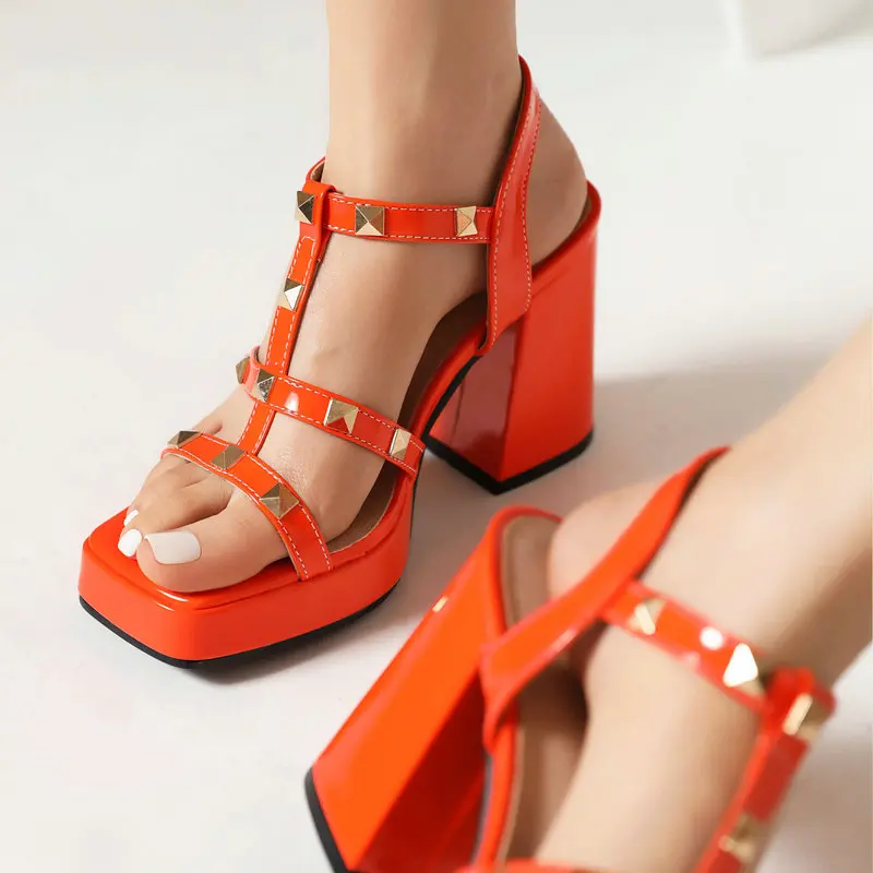 Bright Color Orange Yellow Lady Summer Dress Shoes T-strap Open Toe Block High Heels Sandals Platform Shoes With Studded Rivets