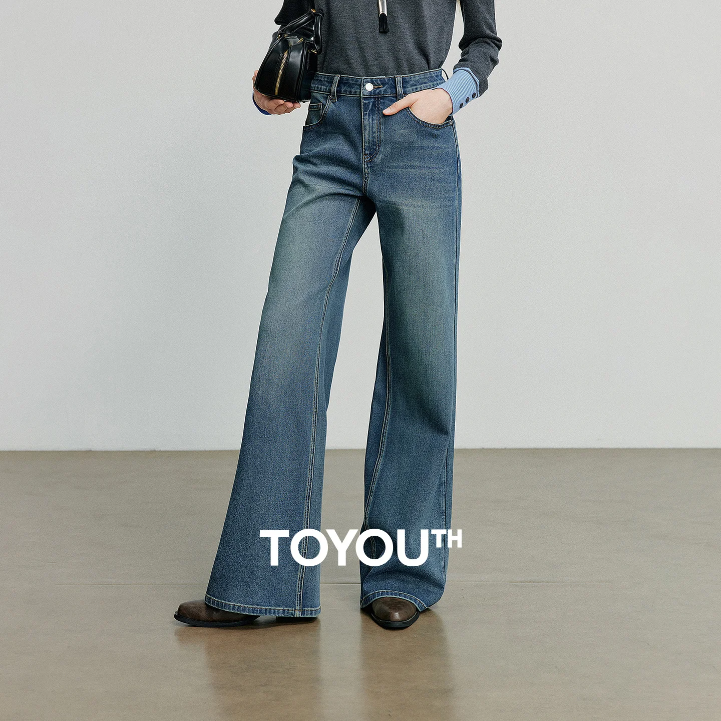 TOYOUTH Women Denim Jeans 2025 Autumn New Lycra Retro Straight Flare Pants