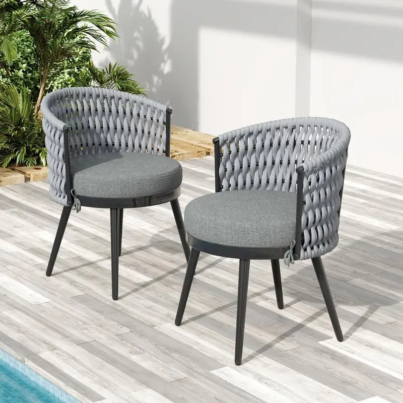 Outdoor Metal Rope Dining Chairs with Light Gray Cushions, Weather-Resistant Patio Furniture, Set of 2