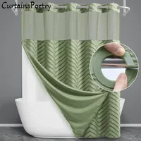No Hook Shower Curtain with Snap in Liner Tufted Chevron Striped Shower Curtain for Bathroom Waterproof Washable Shower Curtains