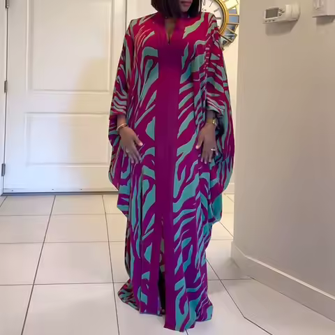 Leisure Loose Women Pleated Evening Dress Autumn Chic Bat Sleeve Loose Party Robes Elegant V-neck Color Blocked Commute Dress