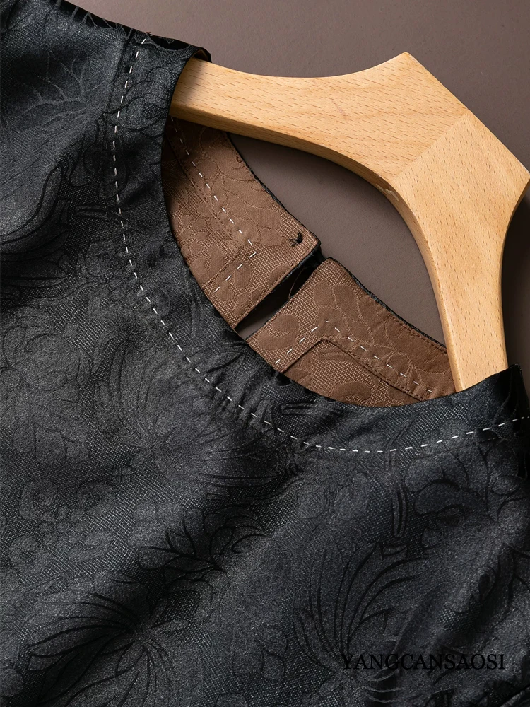 Women's Fashion Summer New 100% Natural Mulberry Silk Gambiered Guangdong Gauze Black Round Neck Three-quarter Sleeve T-shirt