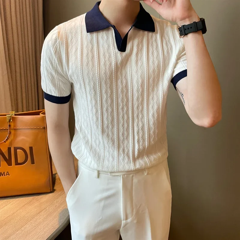 Knitted Short-sleeved POLO Shirt Men's Summer Lapel Slim-fitting Japanese Color Matching Casual Soft Waxy Top