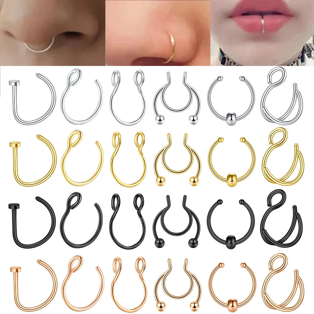6 Stück 20G Edelstahl Fake-Nasenring Hoop Septum Ringe C-Clip Lippenring Ohrring Fake-Nasenpiercing Nicht-Durchstochener Körperschmuck