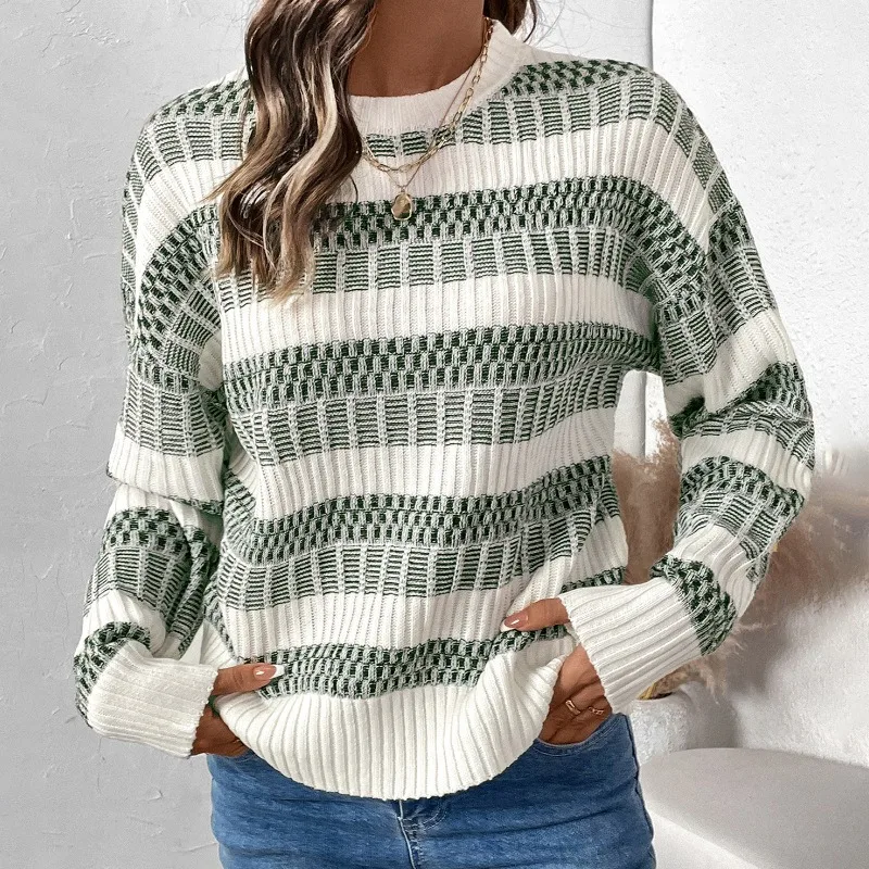 

Striped Contrasting Women's Knitted Sweater With Round Neck Pullover Fashionable Casual Sweater Top Autumn New Item 2025 Ladies