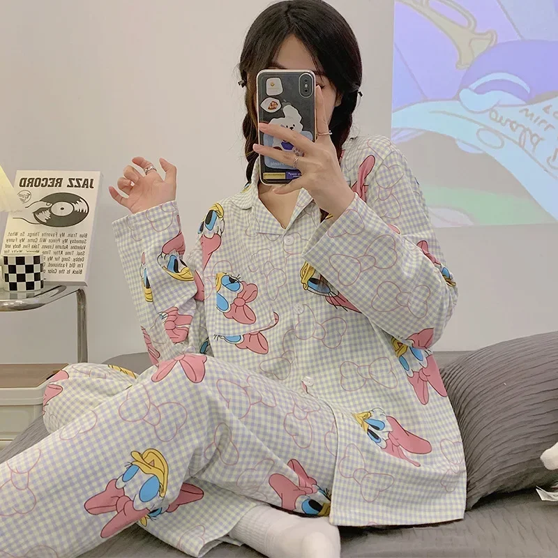 Disney Donald Duck Autumn Cotton Long Sleeve Trousers Cartoon Women's Pajamas Silk Pajamas Women's Loungewear Pajamas Pants Set