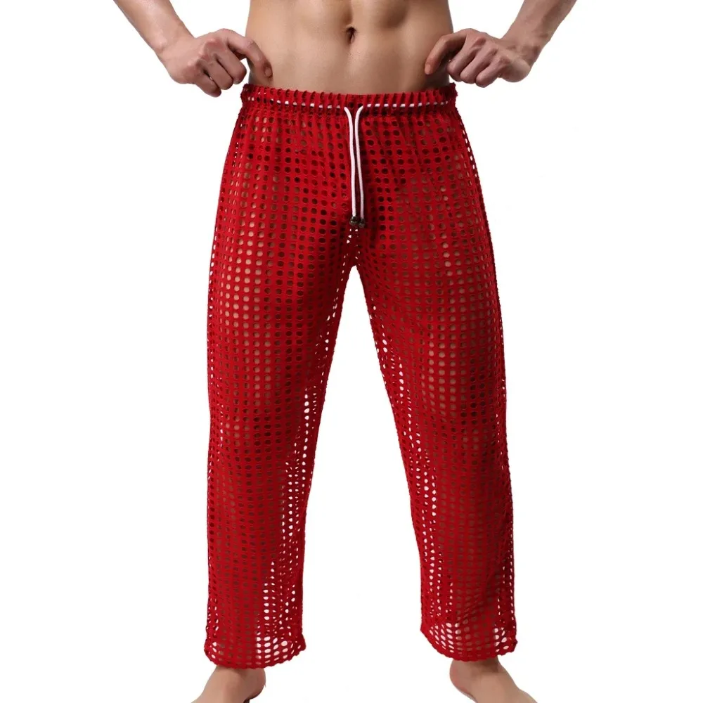 Mens Hollow Out Loose Trousers Mesh Fishnet Long Pants Transparent Sexy Male Pajamas Sleep Bottoms Long Johns Leggings Sleepwear