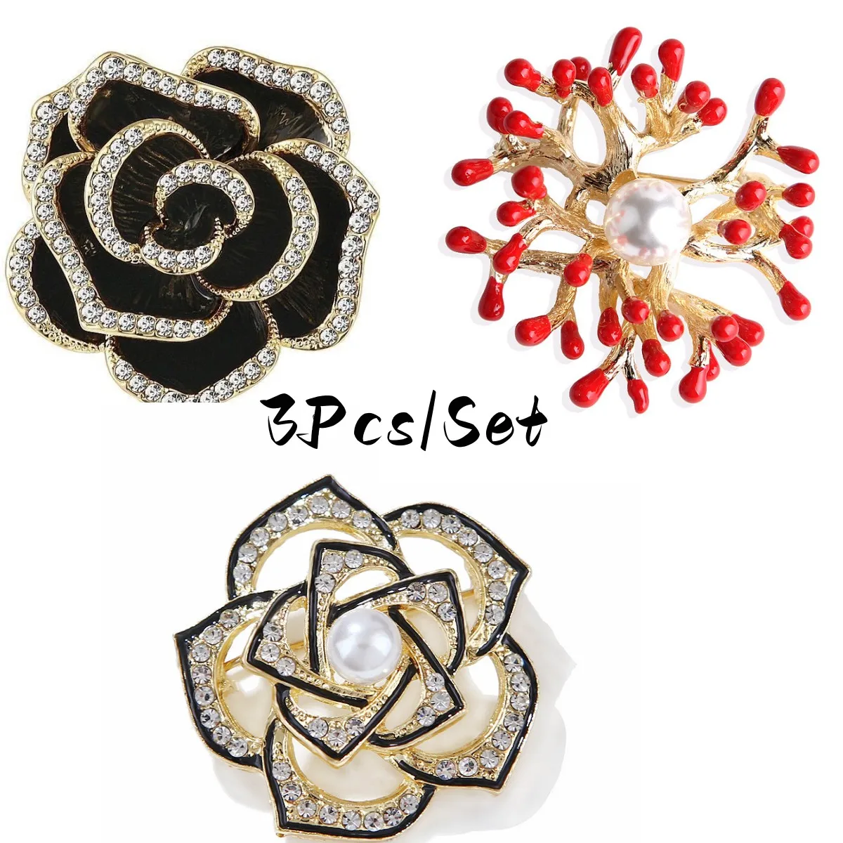 Rhinestone Golden And Black Floral Brooch Women's Camellia Pin Corsage Accessories Gift