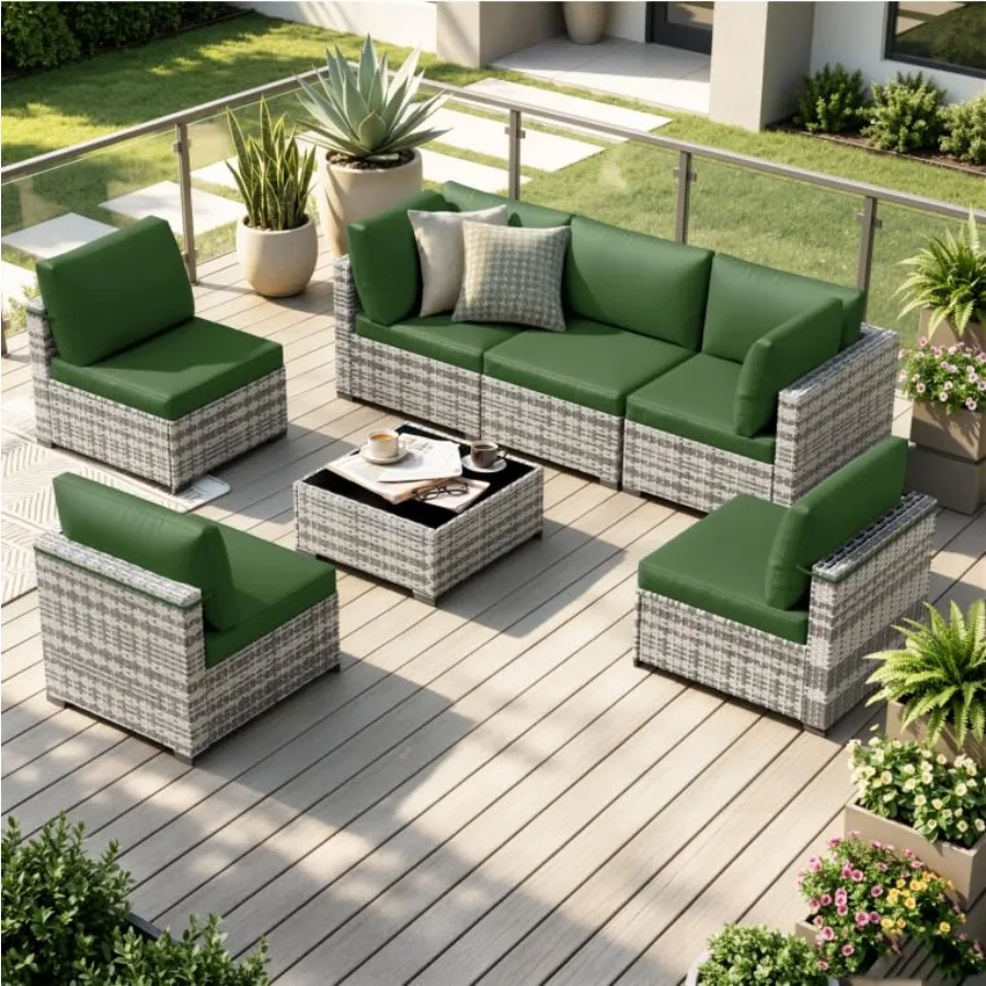 Patio Furniture Set, 7 Pieces Modular Outdoor Sectional Sofa, PE Rattan Patio Conversation Set, All Weather Wicker Patio Furnit