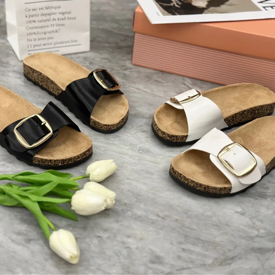 2024 Summer New Slippers Casual Square Button Slippers Cork Flat Bottom Slippers For Outdoor Wear Slippers