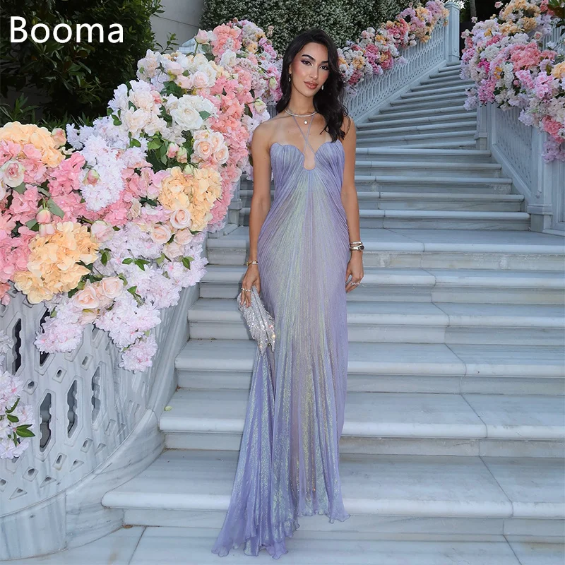 Booma Shiny Mermaid Backless Evening Dresses Formal Party Gowns for Women Pleat Long Sleeveless Prom Gown Customize image 2