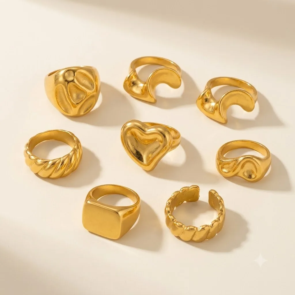 18K Gold Silver Color Stainless Steel Rings Set For Women Men Chunky Wide Irregular Lava Saddle Band Rings Set Jewelry Gift