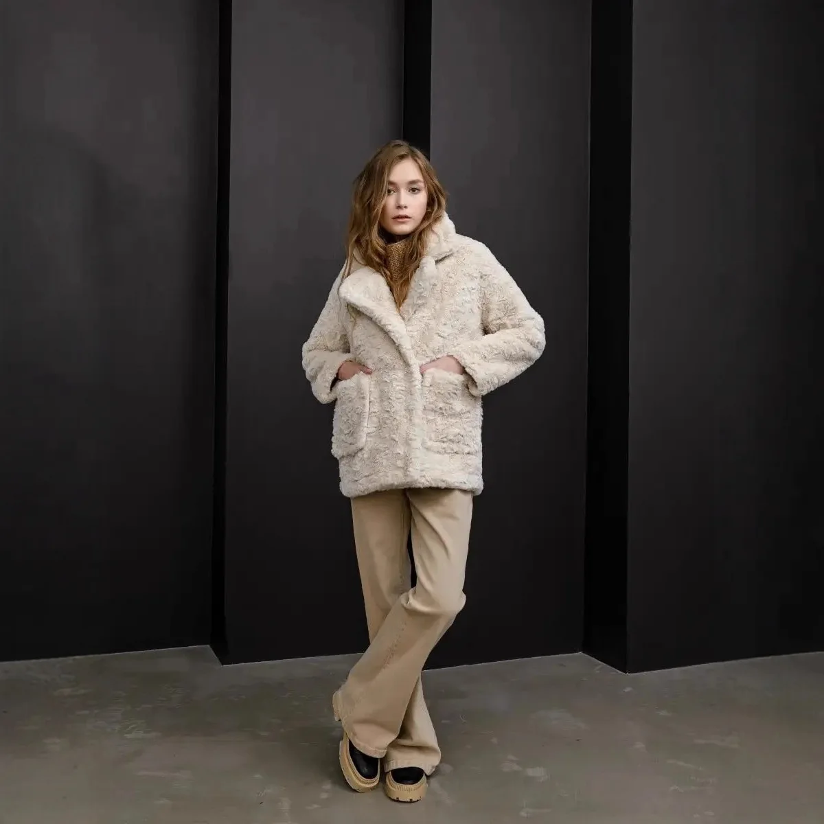 Faux Rabbit Fur Women Coats Solid Overcoats Long Sleeves Turn Down Collar Single Breasted Thick Loose Casual Autumn Winter 2025