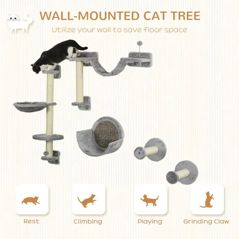 Imagem -04 - Pawhut-wall Mounted Cat Prateleiras Wall-montado Cat Prateleiras Hammoscratchetsat Móveis para Escalada e Relaxante Cinza Pcs