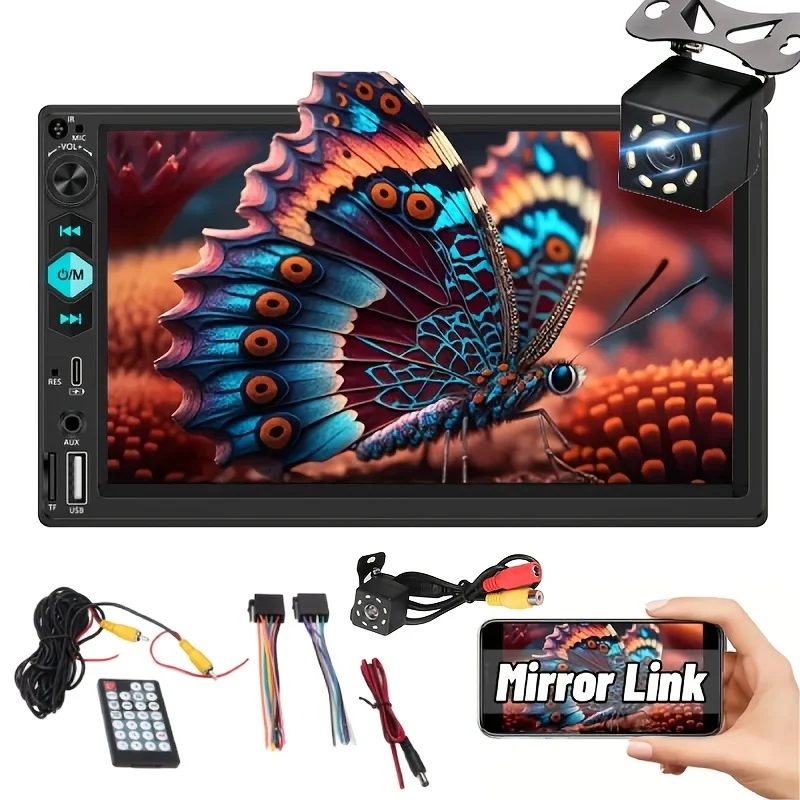 مشغل MP5 للسيارة مقاس 7 بوصات مع كاميرا عكسية 8LED، وصلة مرآة لشاشة اللمس 2DIN، BT لاسلكي، FM، بطاقة USB/TF/منفذ AUX/Type-C