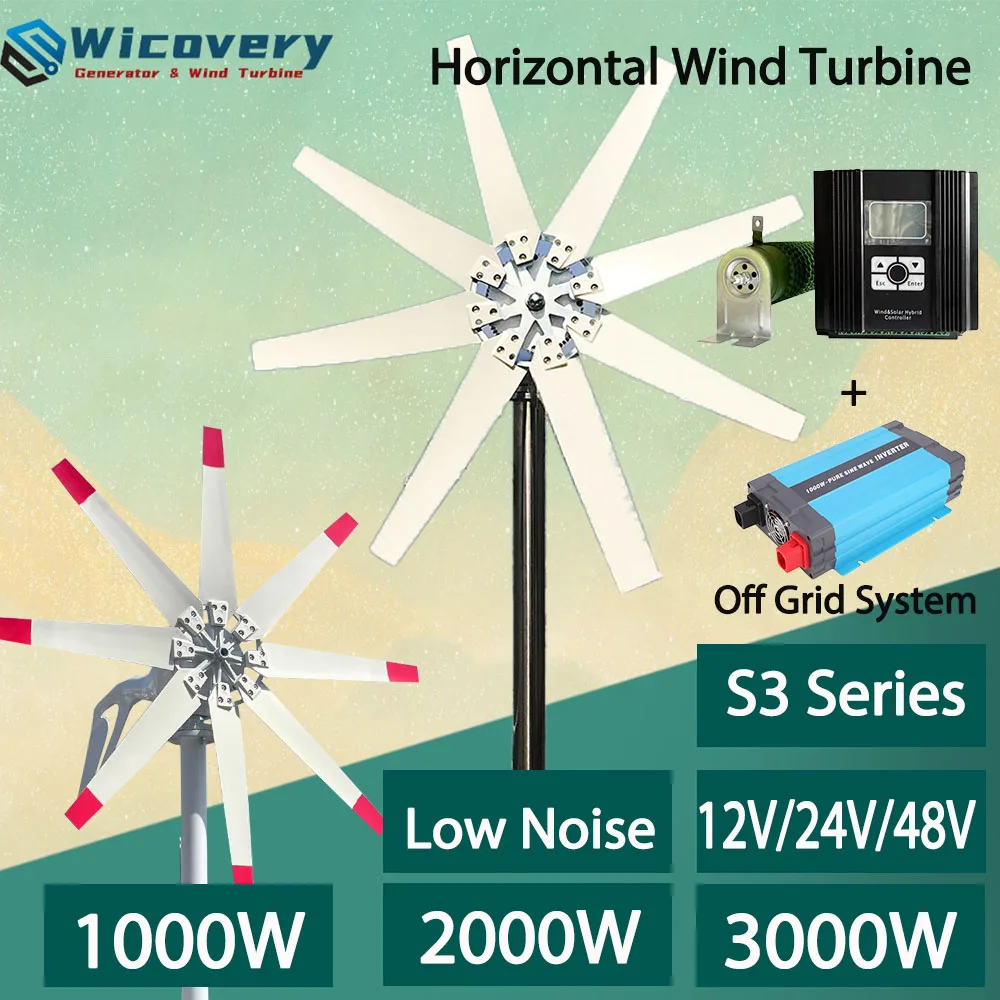 3phase Alternator 3000W 12V 24V 48V Horizontal Wind Turbine Generator Permanent Magnet Generator Roof With Off Grid Inverter