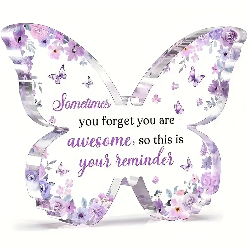 CIFBUY Butterfly Shape Acrylic Tabletop Plaque Purple Floral Art Print Desktop Decor Sentimental Positive Present Friends Women