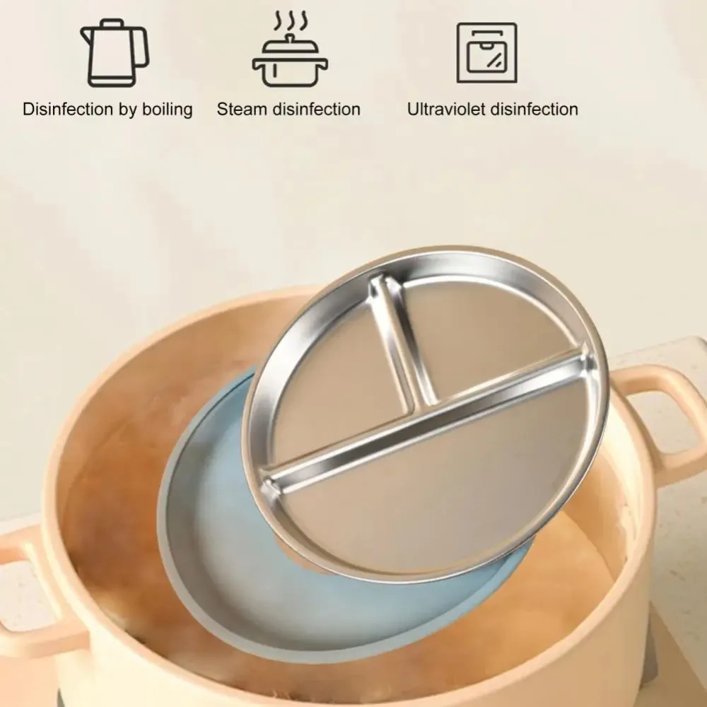 Divided Design Suction Cup Plates 304 Stainless Steel Silicone Shell Baby Sucker Dining Plate Safe Material Anti-fall