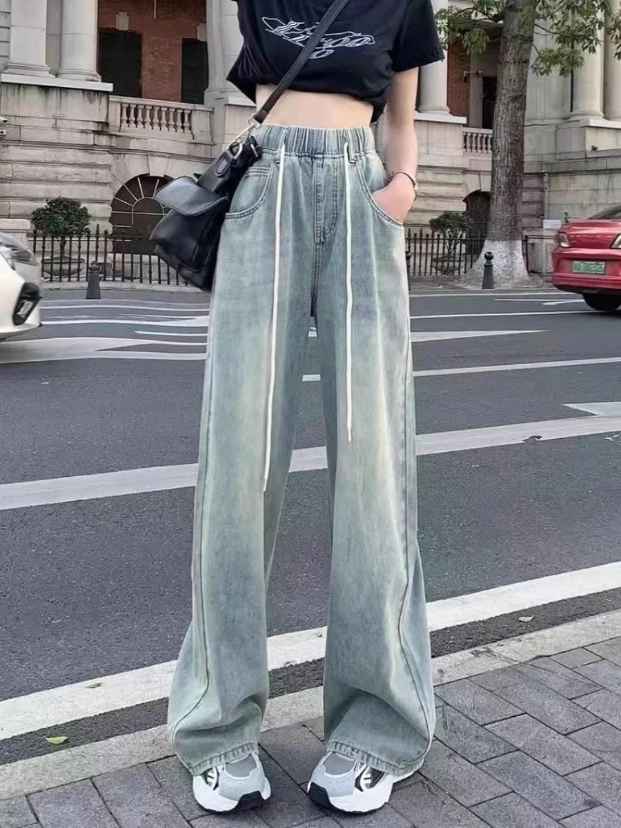 Drawstring Loose Waist Light Blue Denim Pants Women's Casual Trousers Middle School Students 2025 New Spring Wide Leg Jeans