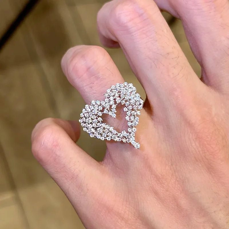 European American new Luxury white gold solid platinum PT950 bright love-shaped full diamond ring women's fashion commuter ring