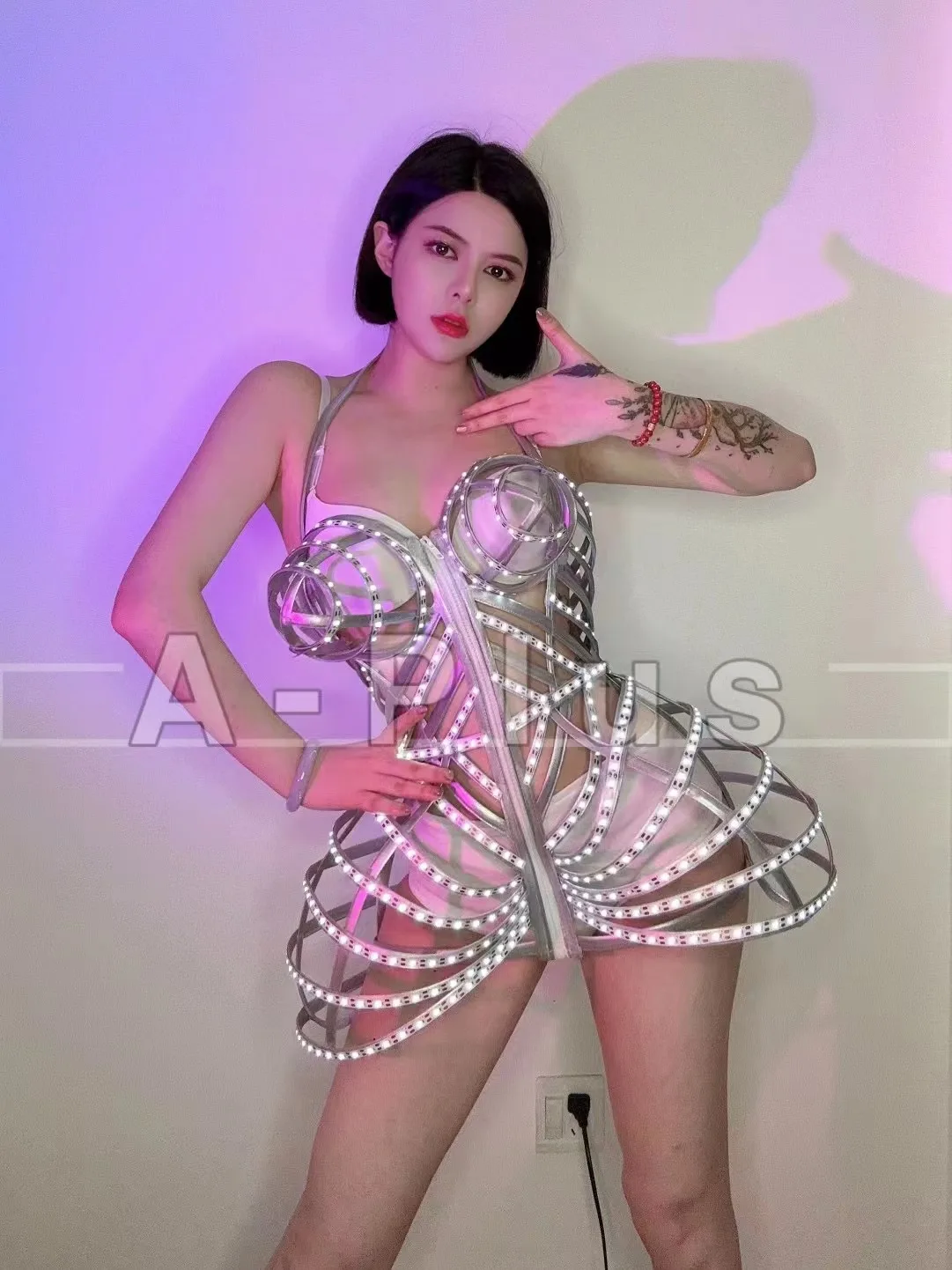 Hollow Dress glowing DJ lady gaga costume Sexy party outfit women stage show led lumious  shinning outfit light up costume