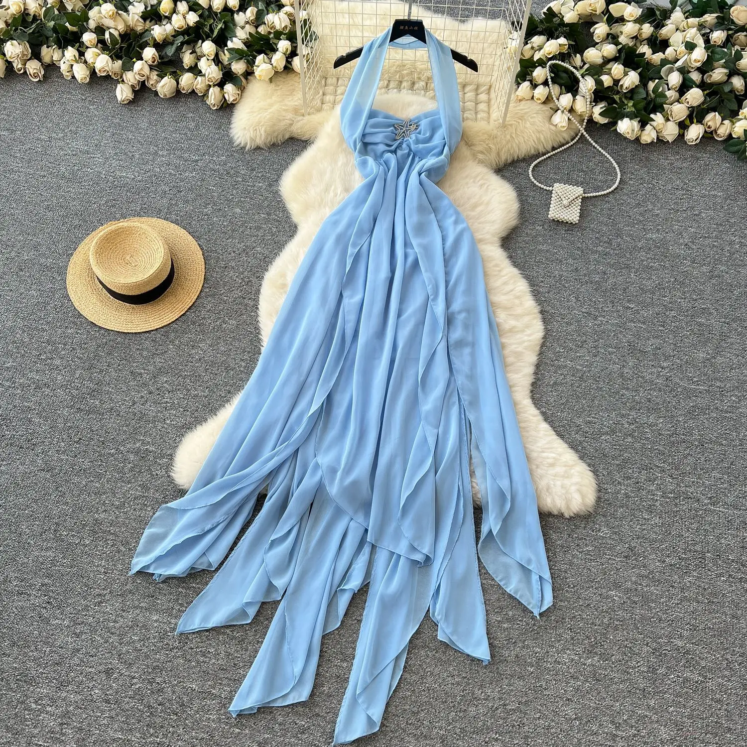 

Women Dresses Solid Dress Rhinestone Asymmetry Pleated Halter Neck Sleeveless Ankle Length Cinched Waist Slim Fit 2026 Spring