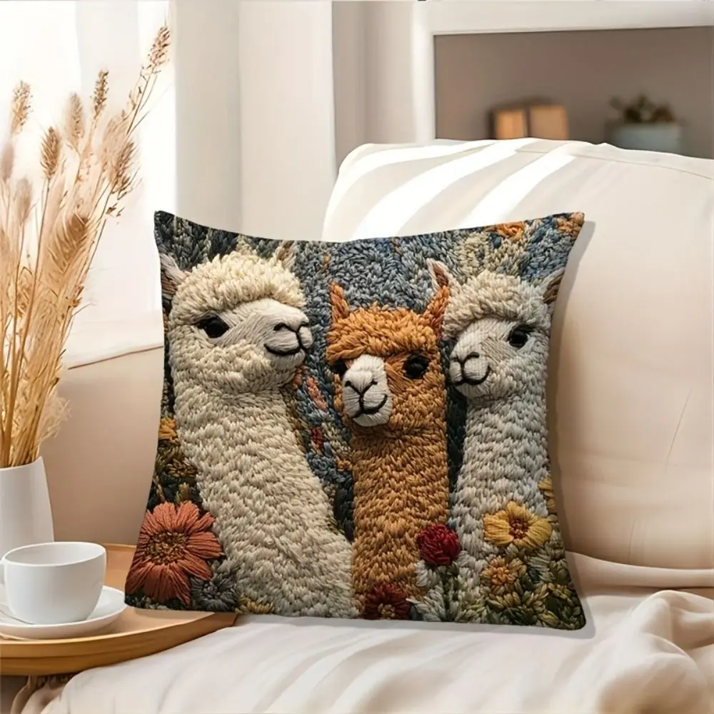 Creative 45cm Pillow Case Alpaca Print Vintage Cushion Cover Flower Sheep Bohemian Style Pillow Cover Car Interior