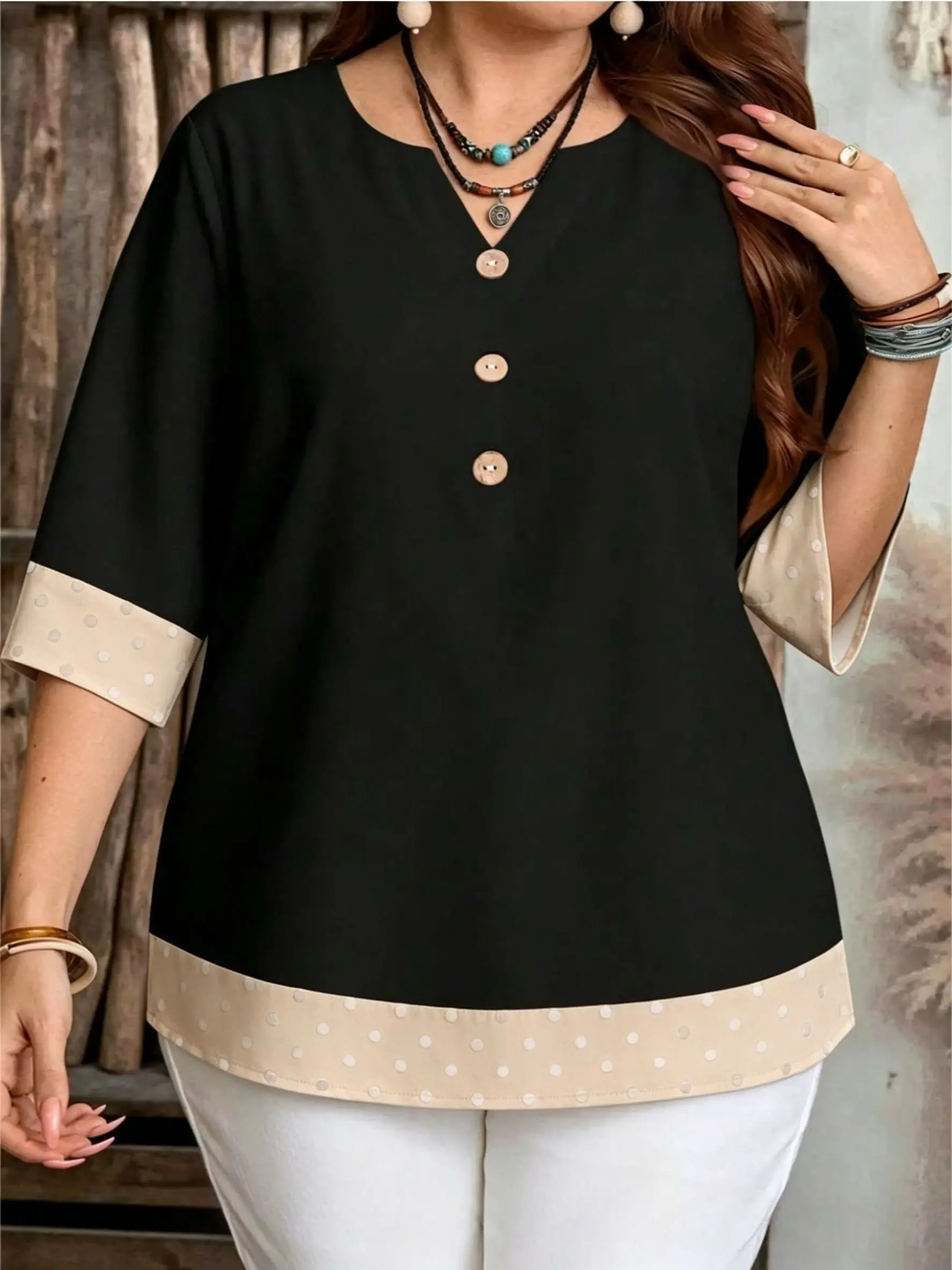 Plus Size Notch V Neck Blouse 3 Decorative Buttons 3/4 Sleeve Color Block Stripe Textured Print Loose Casual Women Summer Shirt
