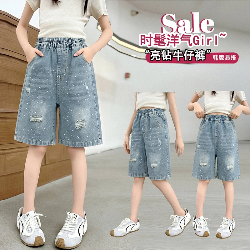 Girls' summer ripped hole denim shorts teenage girls' new style starry sky rhinestone denim shorts﻿