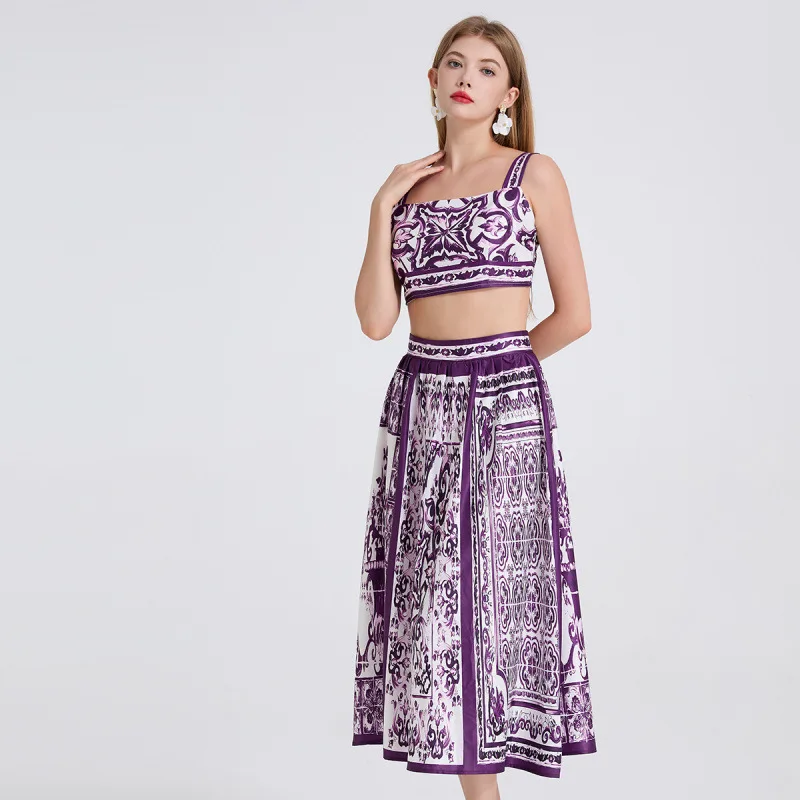 Zomer hoge taille bedrukt blauw en wit porselein ter vest en rok set dames gebreid verdikte polyester Dr