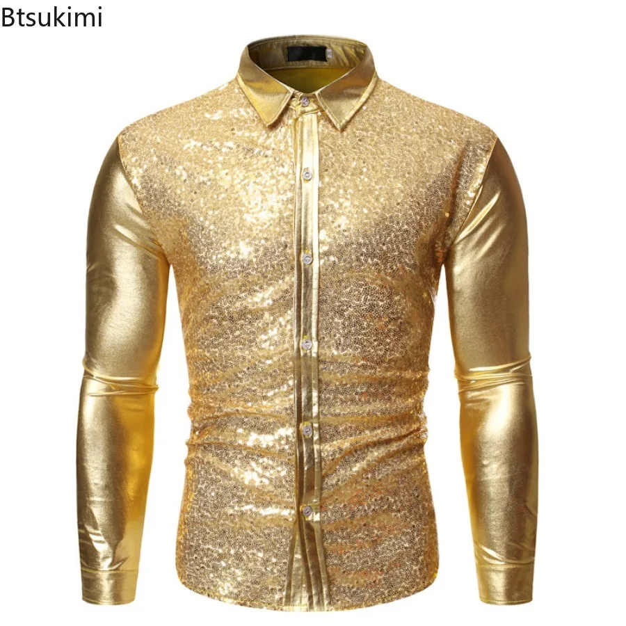 2025 Men's Metallic Sequins Glitter Shirts Fashion Long Sleeve Button-up Lapel Disco Nightclub Tops Stage Singer Costume Camisas