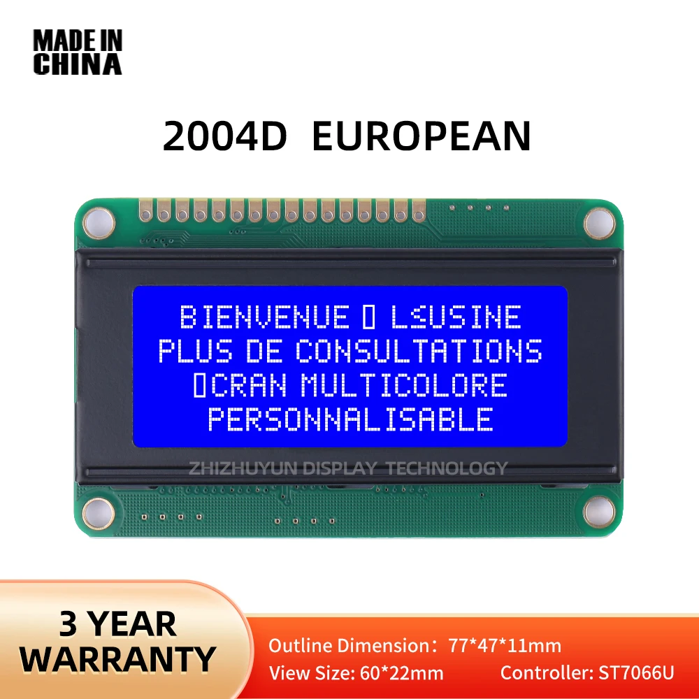 LCD2004D จอ LCD ยุโรปฟิล์มสีฟ้าความสว่างสูงหลอดไฟ LED แผงวงจร PCB โมดูลอินเทอร์เฟซแบบแถวเดียว