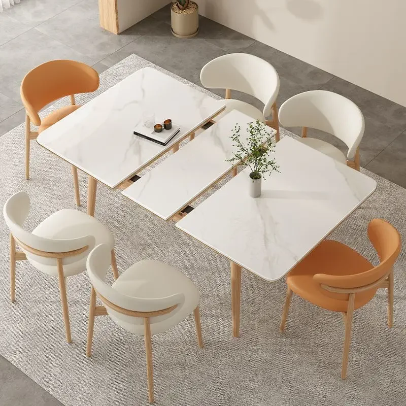 Rockboard retractable dining table dining chair combination household small-sized log color cream wind solid wood dining table d