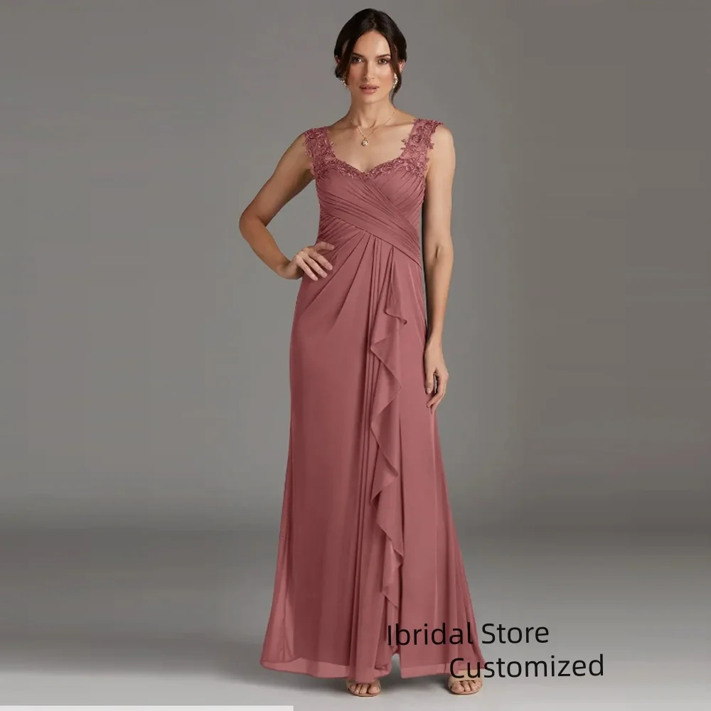 Элегантное шифоновое платье для матери невесты по индивидуальному заказу, кружевное вечернее платье с аппликацией на плечах, длинное свадебное платье для гостей, женское вечернее платье