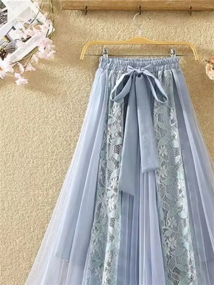 

Новая летняя женская юбка миди с высокой талией, приталенная, А-силуэта, с кружевными вставками, пышная, для повседневной носки, длинная