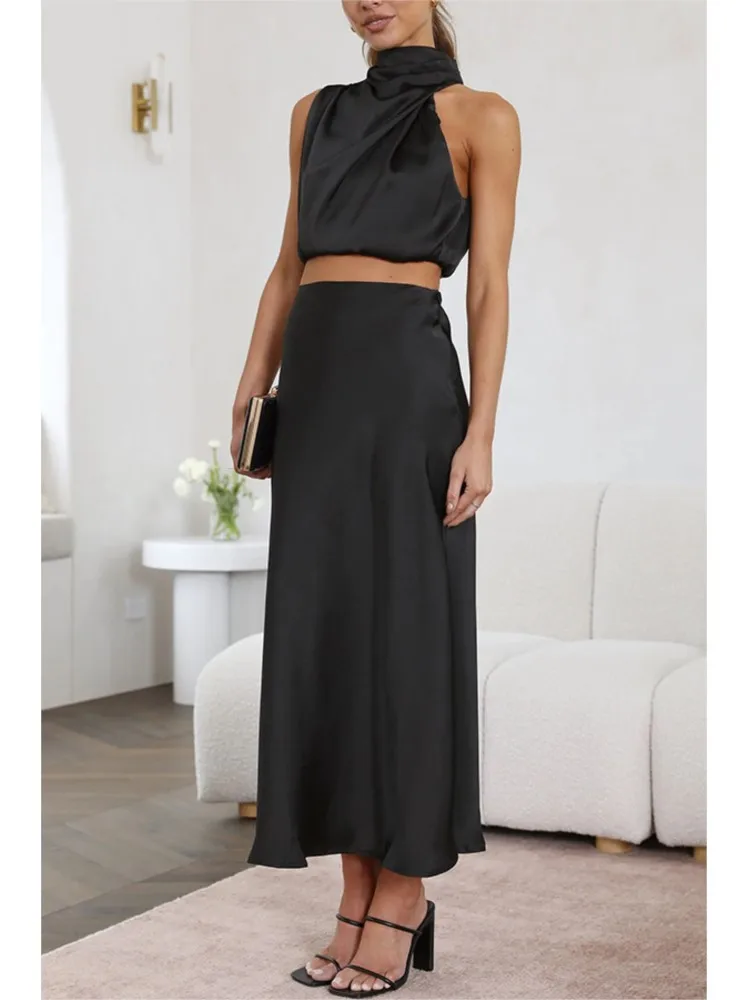 Two Piece Set For Women Satin Midi Long Skirts Sleeveless Off Shoulder Solid Color Sexy Cropped Top A-line Skirt Set 2 Piece