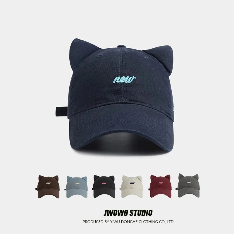 

Корейская бейсболка с милыми кошачьими ушками, модная бейсболка из чистого хлопка с вышивкой букв, широкополая шляпа от солнца, повседневная уличная милая бейсболка
