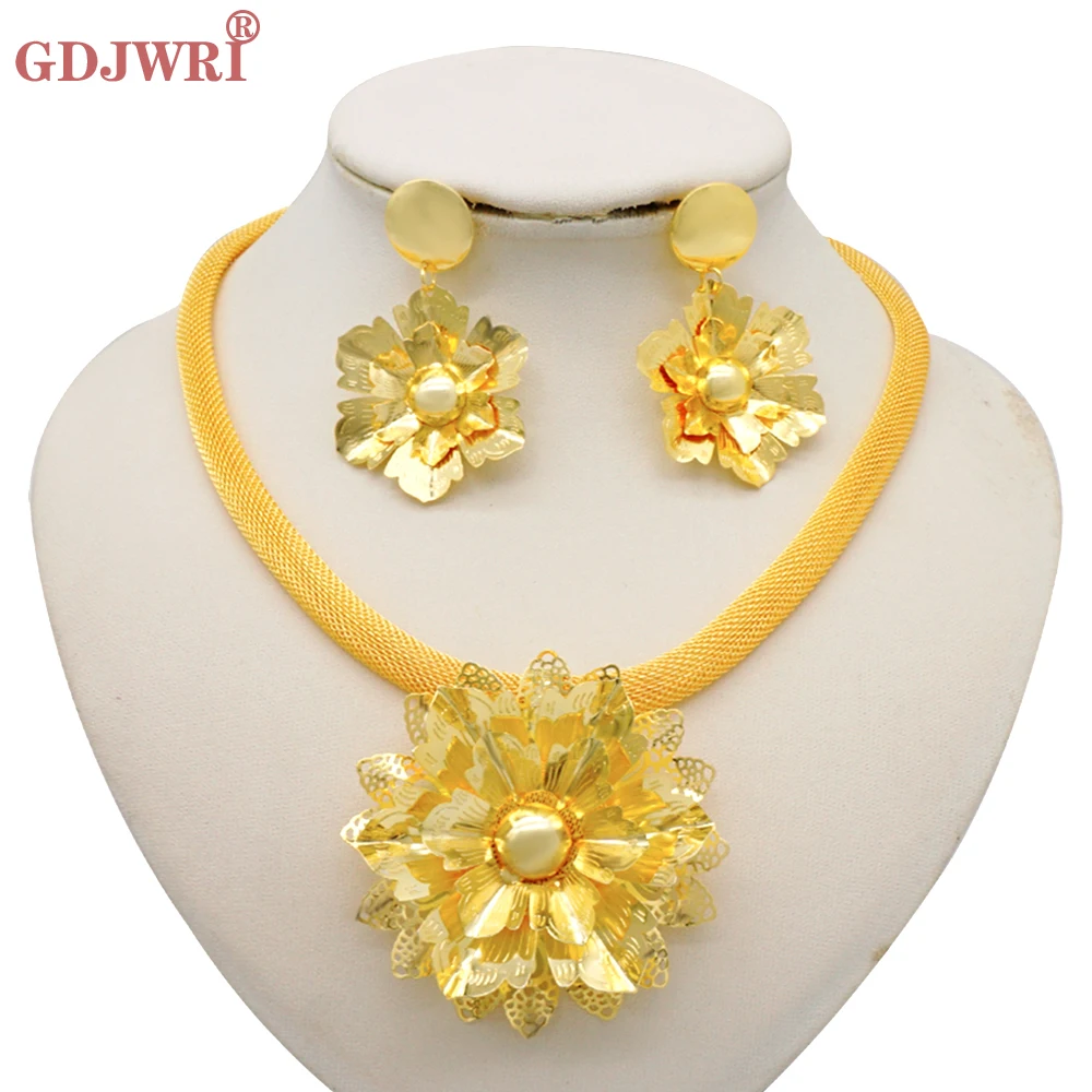 

India Dubai Gold Color Jewelry Set For Women Flower Shape Necklace Earrings Sets Costume Jewellery Ethiopian Bridal Gifts