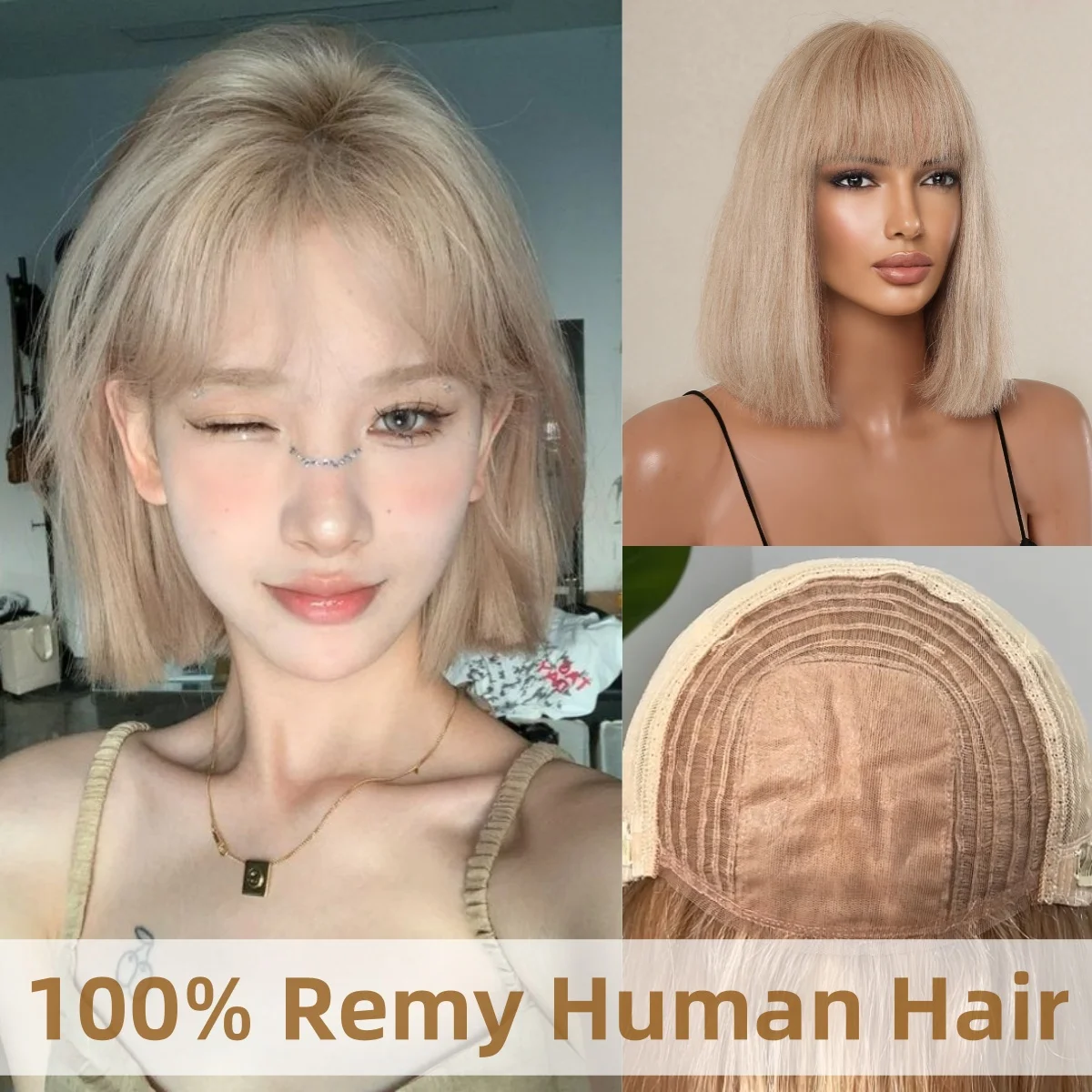 

Blonde 100% Remy Human Hairs for Black Women Natural Straight Short Wigs with Full Bangs Heat Resistant Bob Human Hair Wig Afro