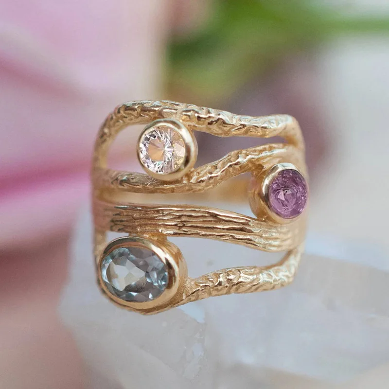 Fashion Irregular Rings for Women Gradient Colored Stone Gold Color Wedding Rings Chic  Multi Layer Party Statement Jewelry