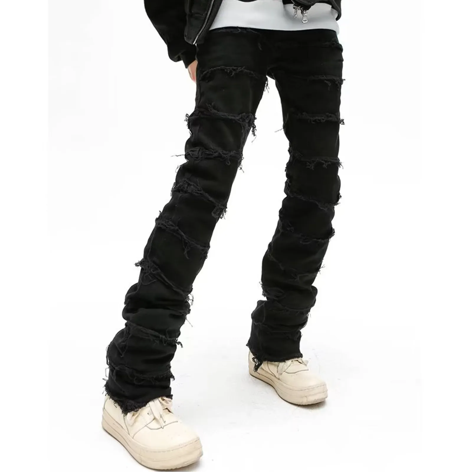 Mens Frayed Destruction Jeans Mens Patchwork Stacked Ripped Denim Pants Straight Washed Faded Jeans for Men Grunge Pants