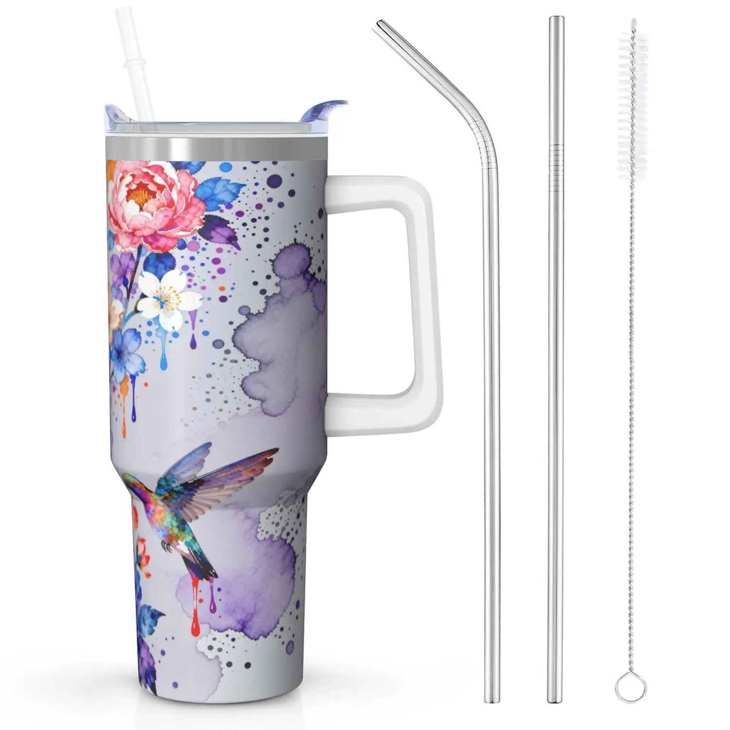 1ps Flowers and Birds Handle Cup Set with Straw | Maximum Capacity 40 oz, Inner Layer 304 Stainless Steel, Outer Layer 201 Stainless Steel, Seamless Inner Liner, Lid Made of PC Material, Suitable for Home, Office, Outdoor, Sports, and Car Use