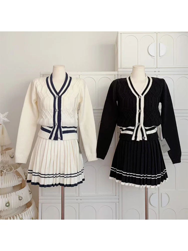 Winter Women Knit Preppy Korean Contrast Color 2000s Y2k Outfits 2 Piece Set Cardigan Sweater + Mini Pleated Skirt Shoujo Girl