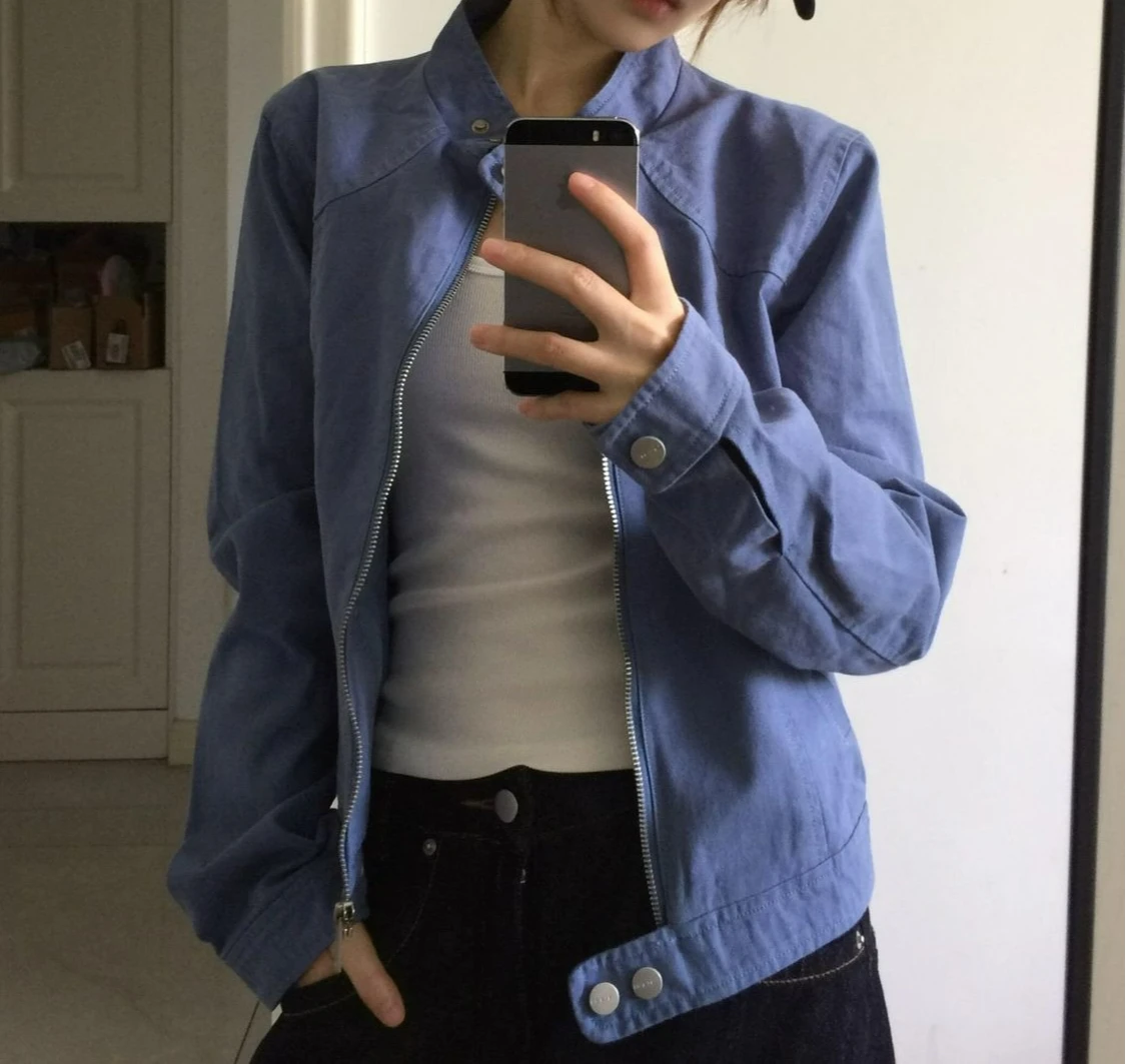 Early Autumn Coat Women's Autumn New Retro Slim Fit Short Stand-up Collar Tooling Blue Jacket Top
