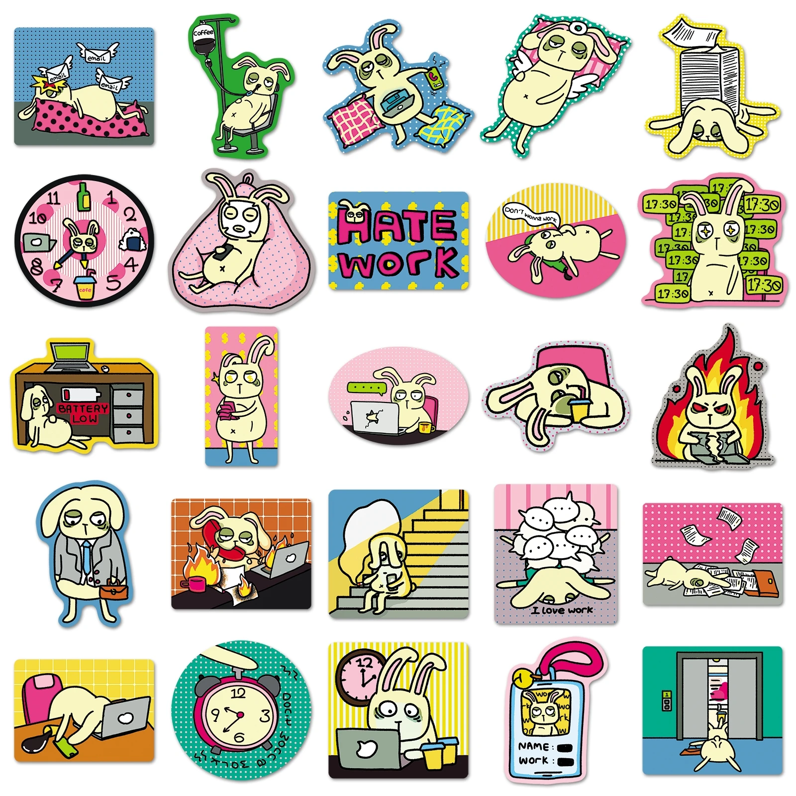 50Pcs Cute Progressive Rabbit Waterproof Sticker Skateboarding Retro Home Decal Sticker
